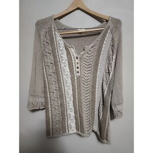 J. Jill Silk BLend Lace & Open Knit Henley Top Sweater 3/4 Sleeves Unique Large